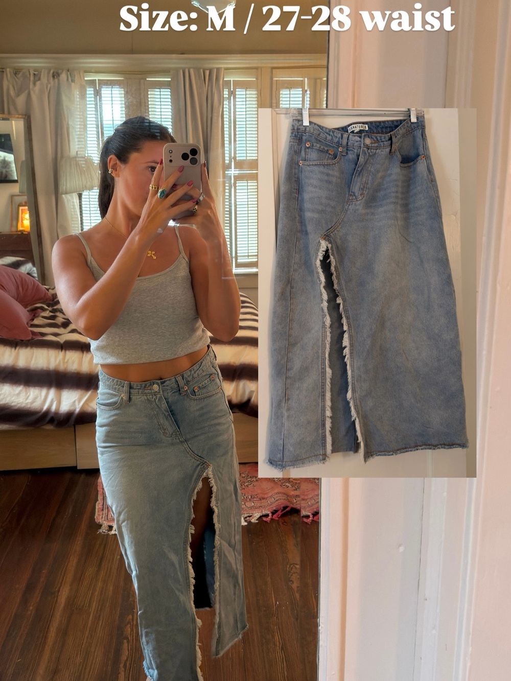 Light Wash Distressed Denim Maxi Skirt with Front Slit - Size M